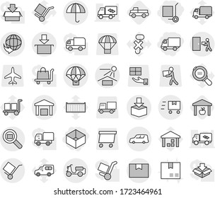 Editable thin line isolated vector icon set - box, delivery, cargo stoller, car shipping, scooter, package, trolley, dry, sun potection, courier, warehouse, search, parachute, fast deliver, pickup