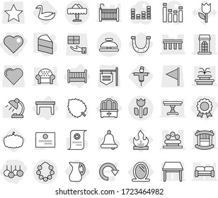 Editable thin line isolated vector icon set - sale, heart, medal, bridge, building, fountain, flower bed, perishable, hawaiian wreath, restaurant, service bell, mirror, table, dresser, crib, cake