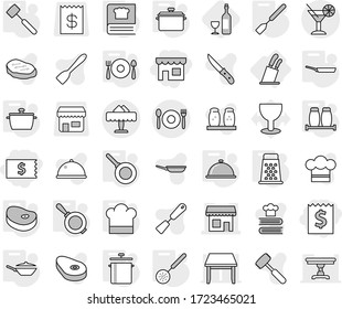 Editable thin line isolated vector icon set - receipt, shop, cocktail, cafe, restaurant, stands for knives, pan, cook hat, skimmer, spatula, meat hammer, cooking book, salt pepper, fork spoon plate