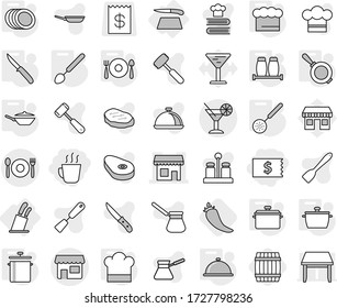 Editable thin line isolated vector icon set - receipt, hot drink, shop, cocktail, cafe, cutting board, stands for knives, pan, cook hat, chief, skimmer, big spoon, knife, salt pepper, plates, barrel