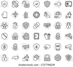 Editable thin line isolated vector icon set - lock, unlock, biohazard vector, protected, insurance, uv cream, lifebuoy, locked, key, surveillance camera, shield, cook glove, hand leaf, scarecrow