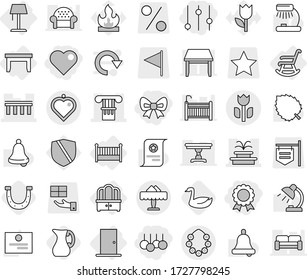 Editable thin line isolated vector icon set - bow, sale, heart, equalizer, medal, column, bridge, fountain, perishable, hawaiian wreath, restaurant, pendant, table, dresser, crib, door, floor lamp