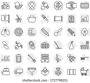 Editable thin line isolated vector icon set - basket, pencil, funnel, medical harness vector, lungs, brain, mansion, fence, modern architecture, shipping, perishable, pool, electricity, welcome mat