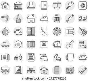 Editable thin line isolated vector icon set - home, block wall, barometer, drop, ring button, table, tv, radiator, iron, fridge, scoop, kettle, hair dryer, pan, cup, window, pool, oven, water tap