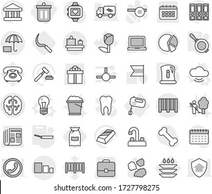 Editable thin line isolated vector icon set - bin, brain vector, sorting, insurance, bar code, baggage checking, mixer, plate washing, bulb, cloud service, pan, kettle, sickle, flour, garbage pile