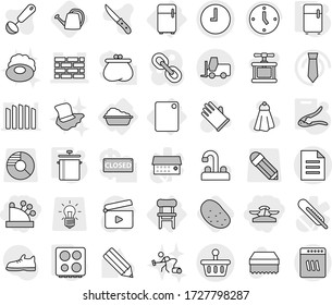 Editable thin line isolated vector icon set - scales, cashbox, brick wall, clock, document, fork loader, basket, chair, washing, fridge, cutting board, pan, walnut crack, hob, watering can, potato