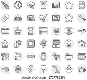 Editable thin line isolated vector icon set - signpost vector, clock, port, glass, no hook, package, weight, flammable, oil barrel, cinema clap, gamepad, equalizer, tv, favorites, rec button, jack