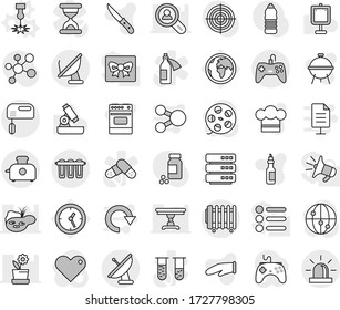 Editable thin line isolated vector icon set - laser vector, cook hat, glove, knife, oven, bbq, oil, microscope, presentation, pills vial, target, molecule, water bottle, earth, clock, film spool