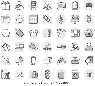 Editable thin line isolated vector icon set - add to basket, chicken leg, flower, measuring tape, thermometer, stool, chair, touchscreen vector, cutting board, trash bin, cook hat, pen, magnet, leaf