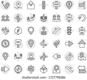 Editable thin line isolated vector icon set - dollar pin, right arrow, singlepost, trip, geo, map, route, escalator, signpost, compass, electric magnet vector, up, traffic light, top sign, package