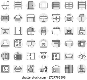Editable thin line isolated vector icon set - door, plan, rack, restaurant, curtain, table, nightstand, chest of drawers, wardrobe, dresser, stool, chair, armchair, crib, washing machine, fireplace