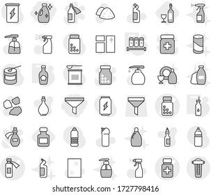 Editable thin line isolated vector icon set - funnel, cleanser, pills bottle vector, potion, vegetable oil, spices, ketchup, wine, window cleaning, liquid soap, sprayer, agent, garbage pile, shampoo