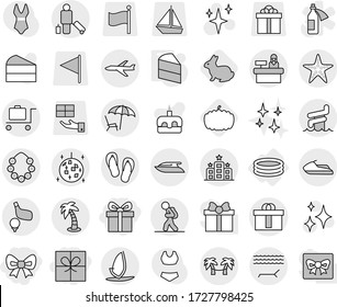 Editable thin line isolated vector icon set - gift, bow, hi quality package, plane, tourist, passenger, lounger, palm, hawaiian wreath, disco ball, aquapark, starfish, baggage trolley, hotel, golf