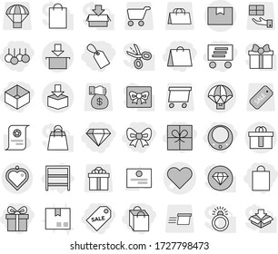 Editable thin line isolated vector icon set - gift, bow, shopping bag, box, label, sale, delivery, diamond, necklace, heart vector, package, hi quality, parachute, pendant, rack, certificate, cart