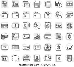 Editable thin line isolated vector icon set - credit card, receipt, account balance, mobile pay, wallet, cashbox, vector, coin stack, check, dollar cursor, money, gift, reader, tap