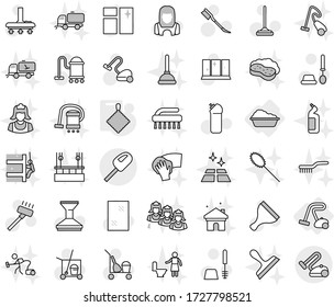 Editable thin line isolated vector icon set - washing, vacuum cleaner, rag, scraper vector, trolley, mop, car fetlock, window cleaning, toilet brush, agent, shining, woman, sweeper, clean floor