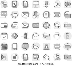 Editable thin line isolated vector icon set - megafon, loudspeaker, singlepost, mail, sms, calendar, terms, clipboard pen, document, do not distrub, fridge, envelope vector, paper pin, billboard