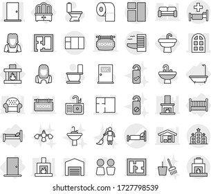 Editable thin line isolated vector icon set - hospital bed vector, door, arch window, plan, hotel, sink, bath, dresser, crib, fireplace, toilet, paper, water closet, cleaner woman, bucket and broom