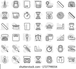 Editable thin line isolated vector icon set - market scales, weight, medical thermometer vector, sand clock, ruler, heavy, barometer, measuring cup, kitchen, handle, corner, stopwatch, big, alarm
