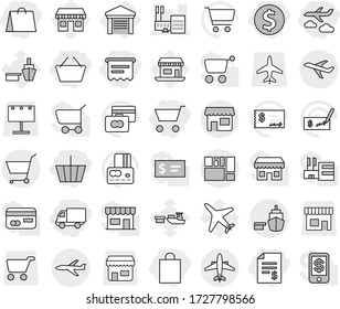 Editable thin line isolated vector icon set - cart, basket, dollar coin, account balance, shopping bag, delivery, atm receipt, journey, mall, plane, port, consolidated cargo, airplane, shop, garage