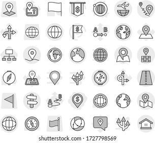 Editable thin line isolated vector icon set - dollar pin, road, geo, globe, map, route, plane shipping, earth, signpost, compass, orbit vector, hierarchy, world, flag, navigator, traking, pointer