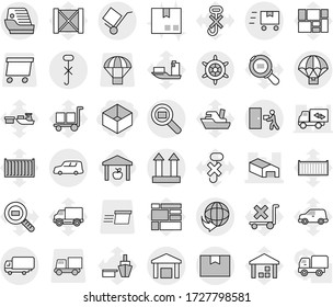 Editable thin line isolated vector icon set - box, warehouse, delivery, shipping, car, package, trolley, cargo top sign, do not hook, courier, search, parachute, fast deliver, handwheel, cruise ship