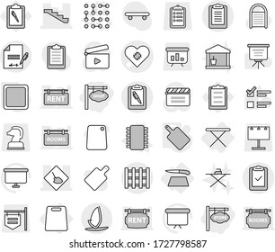 Editable thin line isolated vector icon set - store signboard, shop, pacemaker vector, under construction, stairs, clipboard, pen, check, inventory, pallet, windsurfing, iron board, cutting, chip