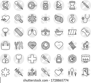 Editable thin line isolated vector icon set - doctor bag vector, medical cross, ambulance star, thermometer, dna, artificial insemination, broken bone, patch, pills bottle, microscope, tooth implant
