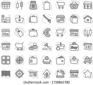 Editable thin line isolated vector icon set - cart, add to basket, shop, market, shopping bag, label, cashbox, mall, vector, japanese candle, wallet, crisis, dollar growth, target, euro sign, money