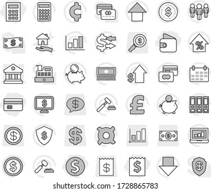 Editable thin line isolated vector icon set - dollar coin, credit card, receipt, wallet, calculator, library, housing, exchange vector, graph, laptop, cash, percent growth, piggy bank, auction, man