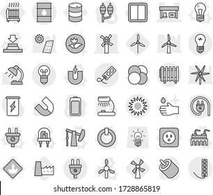 Editable thin line isolated vector icon set - windmill, gas station, barrel, sun, power socket, switch, radiator, atom core vector, magnet, bulb, led, on off button, plug, factory, press, oil pump