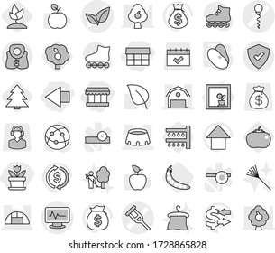 Editable thin line isolated vector icon set - market, left arrow, flower, crutch vector, monitor pulse, sperm, leafs, barn, greenhouse, stadium, protected, life vest, in window, beans, watering, up