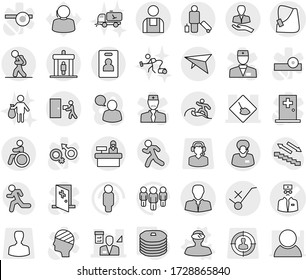 Editable thin line isolated vector icon set - broken hand vector, doctor, under construction, architector, client, support manager, do not trolley sign, courier delivery, workman, deltaplane, surfer