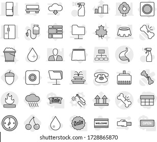 Editable thin line isolated vector icon set - market, broken bone vector, stomach, fountain, stadium, flammable, watch, curtain, ring button, welding, rain cloud, cherry, acorn, water drop, sprayer