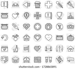 Editable thin line isolated vector icon set - dollar pin, left arrow, equalizer, wineglass, medical cross vector, heart, crutch, hat, barn, dome house, location details, important flag, warehouse