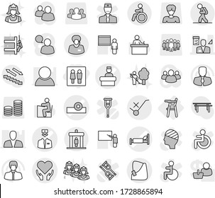 Editable thin line isolated vector icon set - wc, head reflector vector, hospital bed, broken hand, health care, doctor, recieption, architector, support manager, do not trolley sign, tourist, team