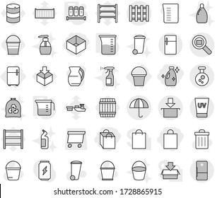 Editable thin line isolated vector icon set - shopping bag, box, cleanser, dry cargo, package, chemical, search, pallet, uv cream, fridge, bucket, measuring cup, spices, barrel, vector, trash bin