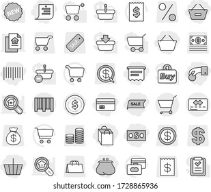 Editable thin line isolated vector icon set - basket, hand coin, money, credit card, purse, remove from, shopping list, bag, sale, bar code, atm receipt, cart, dollar vector, stack, percent, arrow