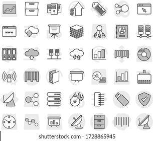 Editable thin line isolated vector icon set - bar code, archive vector, protected, satellite antenna, server, presentation, graph, dollar growth, binder, board, barcode, share, diagram, circle, hub