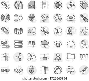 Editable thin line isolated vector icon set - mobile pay, satellite, wireless, share vector, connect, plug, cloud, service, orbit, web camera, sim card, router, molecule, gear, call, satellitie, rca