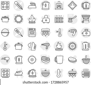 Editable thin line isolated vector icon set - medical thermometer vector, flammable, sun, air conditioning, kettle, hair dryer, cup, ladle, cauldron, turk, induction oven, hob, bbq, steake, iron