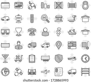 Editable thin line isolated vector icon set - cargo stoller, railroad shipping, signpost vector, earth, map pin, Railway carriage, office, plane, satellite, traffic light, phone 24, support, client