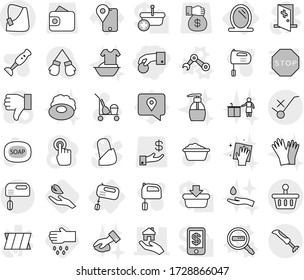 Editable thin line isolated vector icon set - hand coin, broken vector, real estate, do not trolley sign, basket, mirror, mixer, data search, robot, leaf, sow, soap, cleaner, foam basin, wiping