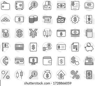 Editable thin line isolated vector icon set - account balance, receipt, cashbox, credit card, safe, japanese candle vector, wallet, cash, money bag, piggy bank, investment, dollar growth, coin stack