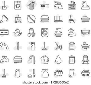 Editierbare dünne Linie isolierte Vektorsymbolgruppe - Reiniger, Kolbenvektor, Abscheider, sauberer Trolley, Wasserhahn, Fötus, Mopp, Messlöffel, Wäscheklammer, Schwamm, Abfalleimer, Tropfen, Splotch, Begrüßungsmatte, Dampf