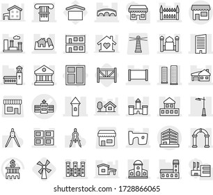 Editable thin line isolated vector icon set - hospital vector, column, tower, castle, mansion, project, cottage, library, skyscrapers, skyscraper, fence, church, minaret, slum, house with garage