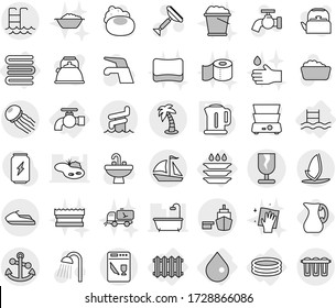 Editable thin line isolated vector icon set - port, fragile, anchor, sail boat, palm, pool, aquapark, jet ski, windsurfing, jellyfish, drop, water tap, radiator, inflatable, plate washing, towels
