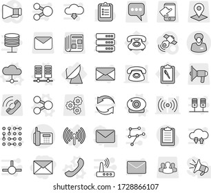 Editable thin line isolated vector icon set - mail, phone, support manager, wireless, satellite antenna, share vector, server, cloud, web camera, circuit, clipboard, pointer, loudspeaker, gear, call