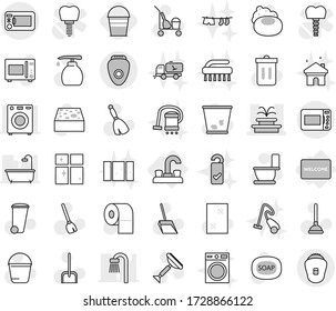 Editable thin line isolated vector icon set - fountain, water tap, welcome mat, bucket, soap vector, plunger, scraper, cleaner trolley, broom, scoop, sponge, trash bin, window cleaning, toilet, bath