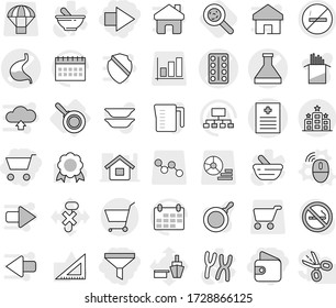Editable thin line isolated vector icon set - cart, wallet, right arrow, funnel, flask vector, pills blister, recipe, stomach, hotel, no smoking, pan, wireless mouse, viruses, measuring cup, plates